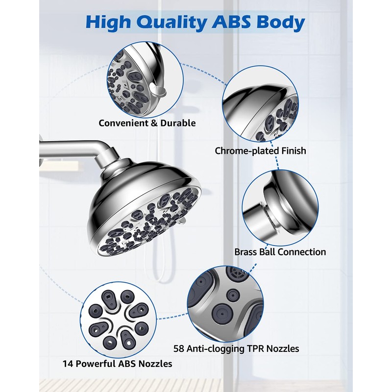 High Pressure Shower Head VMASSTONE 4.7" Rain Fixed Showerhead 7-Spray