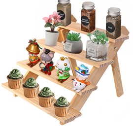 Halyuhn 4 Tier Wooden Cupcake Stand, 15” Cupcake Display Stand, Wood Spice Rack Organizer for Countertop, Wooden Rustic Card Display Stand for Business Card, Thin Magazine and Slim Poster, 1Pcs