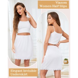 Vlazom Half Slips for Under Dresses, Silk Women's Underskirt Soft Short Waist Slips Elegant Lace Hem Petticoat Underskirts for Dresses White,XXL