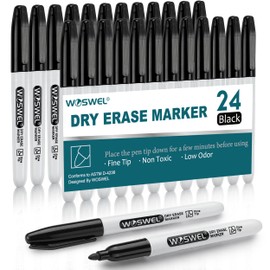WOSWEL Dry Erase Markers,24 Pack Black Fine Tip Whiteboard Markers, Round Point Low Odor Dry Erase Marker for School Office and Home