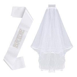 BOXOB 2pcs Bridal Sash and Veil Set, Pearl Satin Bride Sash Cascading White Veil with Hairclip Bridal Shower Decorations Bachelorette Hen Party Accessories Decor for Wedding Engagement