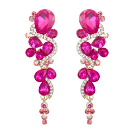 BriLove Wedding Earrings for Brides, Bohemian Boho Long Rhinestone Crystal Multiple Teardrop Dangle for Women Hot Pink Gold-Tone
