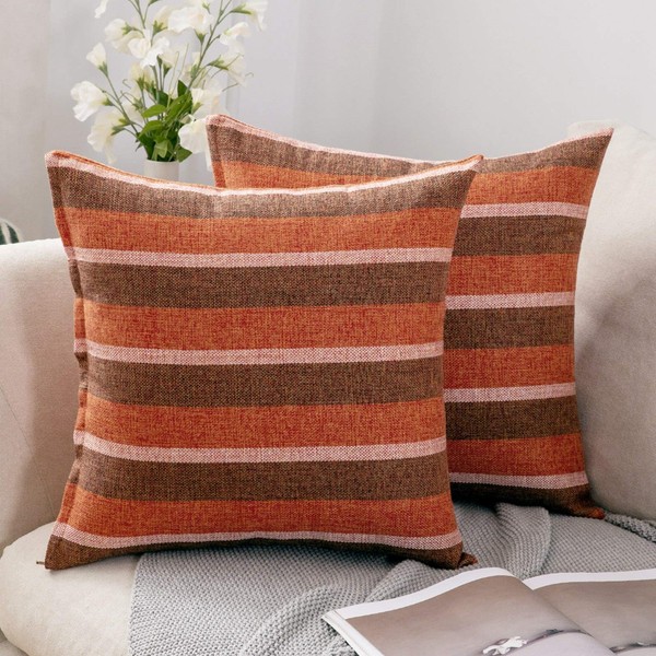MIULEE Cushion Covers 2 Pieces Cushion Covers Striped Comfortable Linen with Invisible Zipper Square for Lawn Bedroom Kitchen Washable 50 x 50 cm Orange