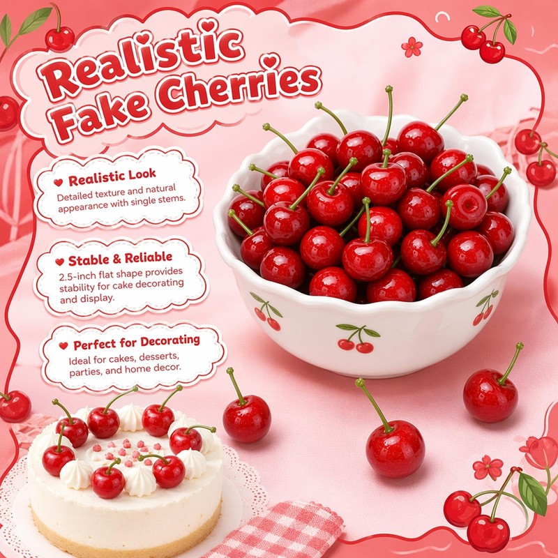 60 Fake Cherries, Red Fake Cherry Artificial Foam Fruit Decor