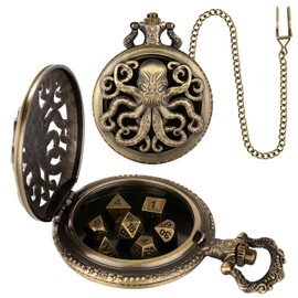 Mini DND Dice Set, Steampunk Bronze Hollow Octopus Pocket Watch Case, 7 Pieces Polyhedral Metal D&D Dice Set, Dungeons and Dragons Gifts with Gift Box, Role Playing Board Game Accessories