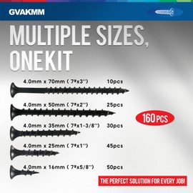 GVAKMM Drywall Screws Assortment Kit,#7 Black Wood Screws Set,160pcs，5 Sizes(3'',2'',1-3/8'',1'',5/8''),Coarse Thread Phillips Drive Bugle Head Sharp Point,Ideal for Wood,Sheetrock and More