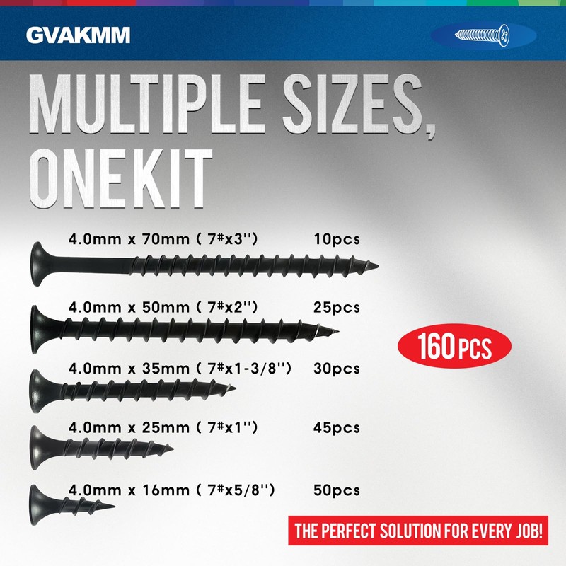 GVAKMM Drywall Screws Assortment Kit,#7 Black Wood Screws Set,160pcs，5 Sizes(3'',2'',1-3/8'',1'',5/8''),Coarse