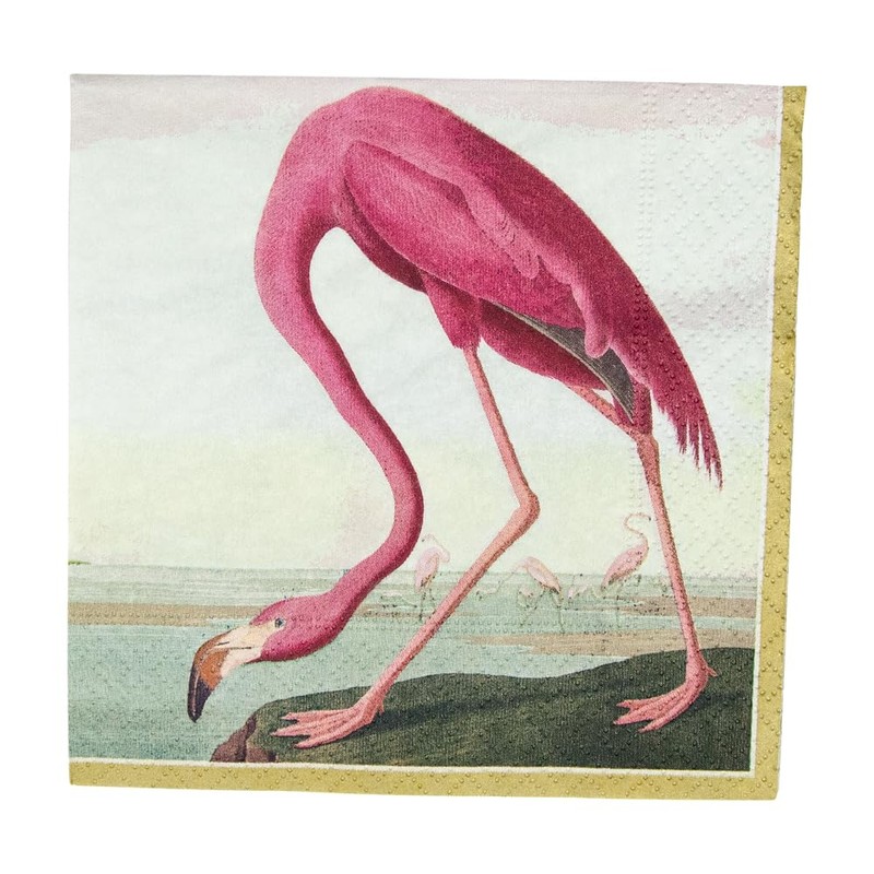 Caspari Audubon Birds and Flamingo Paper Cocktail Napkins, Two Packs