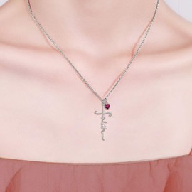 UCADRIT Faith Cross Necklaces Sterling Silver with Simulated Birthstone Cross Jewelry First Communion Confirmation Graduation Christmas Gift for Women