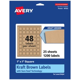 Avery Kraft Brown Square Labels with Sure Feed, 1" x 1", 1,200 Kraft Brown Labels, Print-to-The-Edge, Laser/Inkjet Printable Labels