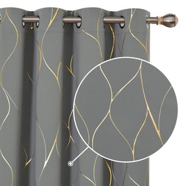 Deconovo Blackout Curtains, Ring Top Curtains, Window Treatment Thermal Insulated Curtains, Gold Wave Foil Printed Curtains for Bedroom, 46 x 54 Inch (Width x Length), Grey, One Pair