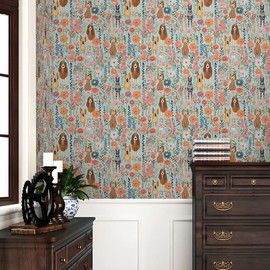 REDAMANCY Colorful Blue Wildflowers Dog Garden Flower Peel and Stick Wallpaper Stick on Contact Paper Vintage Wall Paper Easy Peel Off for nightstand Drawer Cabinet Renter