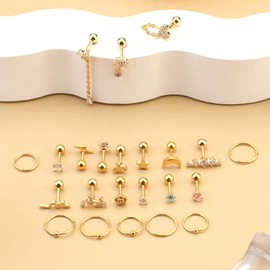Kakonia 24 Stück Helix Piercing für Damen Ohrstecker Creolen Klein Edelstahl Ohrring Gold Silber Stud Hoop Earrings Kette Tiny Chain Dangle Knorpel Huggie Ohrringe Piercing Ohr Set Damen