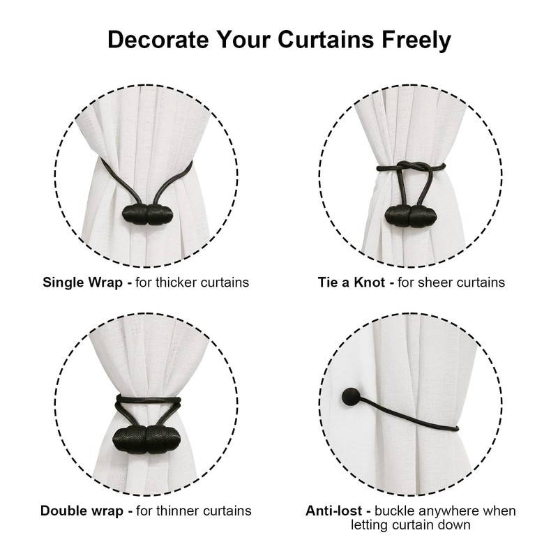 Tifanso Black Magnetic Curtain Tiebacks - 4pcs Curtain Tie Backs