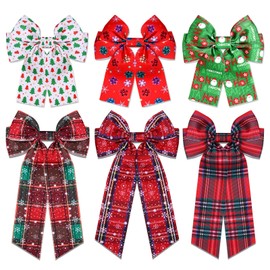 6PCS Christmas Hair Bows for Women, Christmas Bow Tree Snowflake Hair Clips Red Green Plaid Hair Ribbon Barrettes Holiday Cheer Bow Christmas Outfit Accessories Gifts (Pattern A)