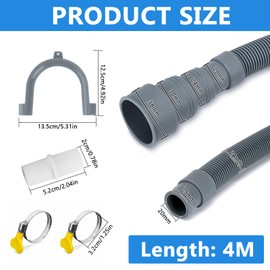Washing Machine Hose Extension, 1 M/1.5 M/2 M/3 M/4 M/5 M Drain Hose, Washing Machine, Waste Water Hose, Caravan, Includes Hose Connector and Hose Clamps for Washing Machine, Dishwasher (4M)