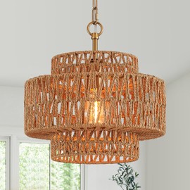 Widluth 12.6" Hand-Woven Rattan Pendant Light Fixture Vintage Farmhouse Boho Bamboo Pendant Lighting Mini Drum Wicker Rattan Golden Chandelier for Kitchen Island, Bedroom, Dining Room, Entryway, Foyer