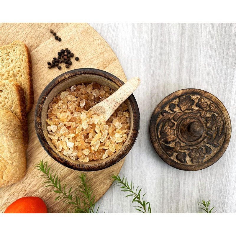 KPAVIR Rustic Salt Box with Hand Carved Lid & Spoon,
