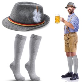 Hercicy 2 Pcs German Hat Socks Oktoberfest Costume Accessories Men Bavarian Hat Feather Knee Lederhosen Compression Socks(Gray, Gray)