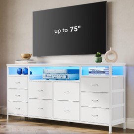 63.3 Inch Dresser for Bedroom, 10 Drawer Dresser Tv Stand for 65 70 75 Inch Tv, Fabric Chest of Drawers with Led Lights & Power Outlets, Long Entertainment Center for Closet, Living Room (White PU)