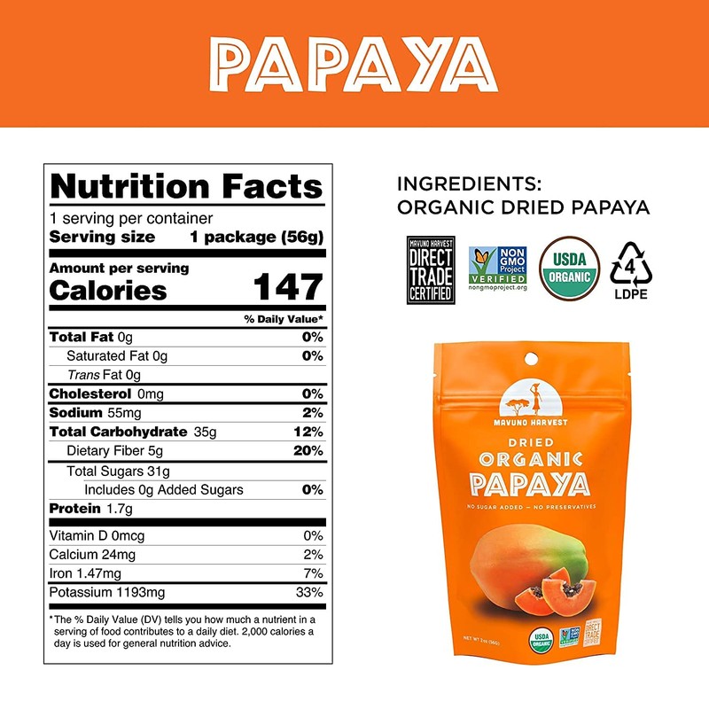 Mavuno Harvest Direct Trade Organic Dried Fruit, Papaya, 6 Count