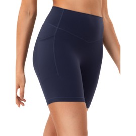 YUNOGA - Pantalones cortos de ciclista de cintura alta con bolsillos para mujer, 6 pulgadas, sin costura frontal, pantalones cortos de entrenamiento suaves para correr, yoga, gimnasio, marino, XXL