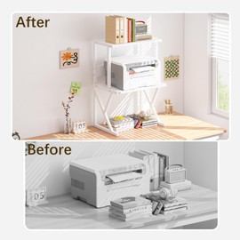aboxoo Desktop Printer Stand with 3 Tier Wood Storage Shelves,Under Desk Printer Table,Multi-Purpose Home Office Desk Organizer for Fax Machine, Scanner (White)