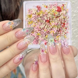 3D Dried Flowers for Nail Art, 1 Box Spring Flowers Nail Art Decoration Colorful Pink Yellow Flowers Nail Art Stickers Floral Bloom Nail Art for Manicure Decor Flower Designs Nail Accessories Supplies