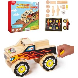 Little Jupiter DIY Wooden Kits w/Stickers - Kids Building Kit - Stem Toys for Ages 4-7 - Wood Crafts for Kids - Woodworking Kits (Monster Truck 1)