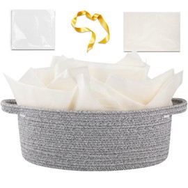 OIAHOMY Gift Basket with Handle, Small Woven Basket with Gift Bag, Ribbon and Wrap Tissue Paper, Nursery Bins Empty to Fill with Small Items, Baby, Pet Toy Organizer - Grey