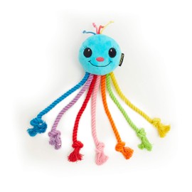 PetLondon Rainbow Octopus Puppy Teething Rope Chewing Toy 12" - Soft Plush Puppy with Squeaker Inside - 7 Dangling Multicolour Rope Legs - Great Tug Training Teething Toy With Flossing Action