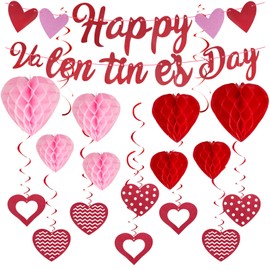 28 Pcs Valentines Day Decoration Kit Glitter Happy Valentines Day Banner with 11 Pcs Foil Swirls 8 Heart Pendant, 8 Hanging Red Pink Heart Honeycombs, Valentine Party Supplies