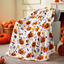 Joiedomi - Manta de Halloween - Manta de felpa suave con telarañas de murciélago y calabaza, acogedora franela blanca para decoración de Halloween, pa