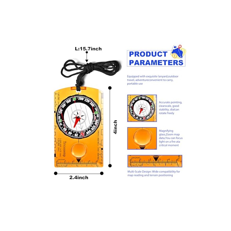Outdoor Compass with Adjustable Declination, Magnifier, Ruler, Scale, Multifunctional Kids