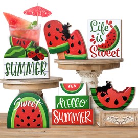 Uruney Summer Tiered Tray Decor, Red Green Watermelon Tray Decorations, Hello Summer Sweet Popsicle Ant Wooden Signs, Farmhouse Rustic Summer Decorations for Home Table Shelf Mantel Party