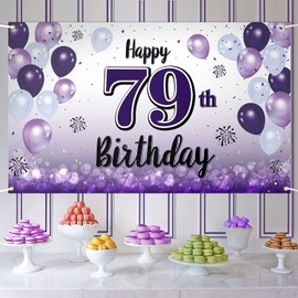 LASKYER Happy 79th Birthday - Pancarta grande de color morado – Cheers to 79 Years Old Birthday Home Wall Photoprop telón de fondo para decoración de fiesta de 79th cumpleaños.