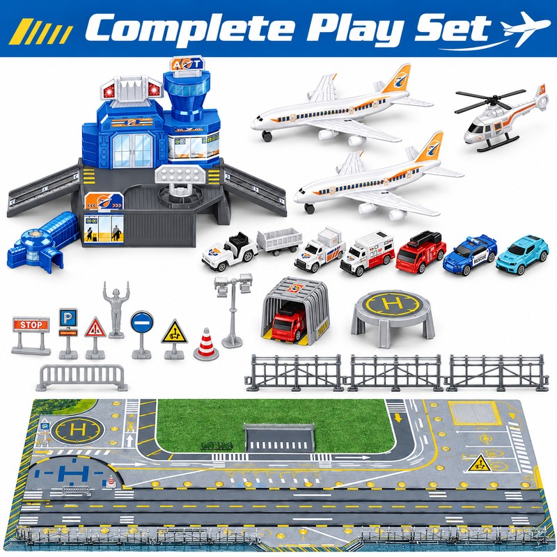 Airplane Toy Set with Helicopter, Trucks & Airport Playmat –