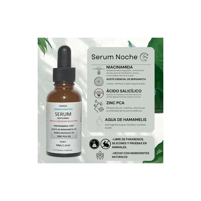 Serum Noche, Niacinamida 10%, Zinc Pca, Ac. Salicilico 30ml