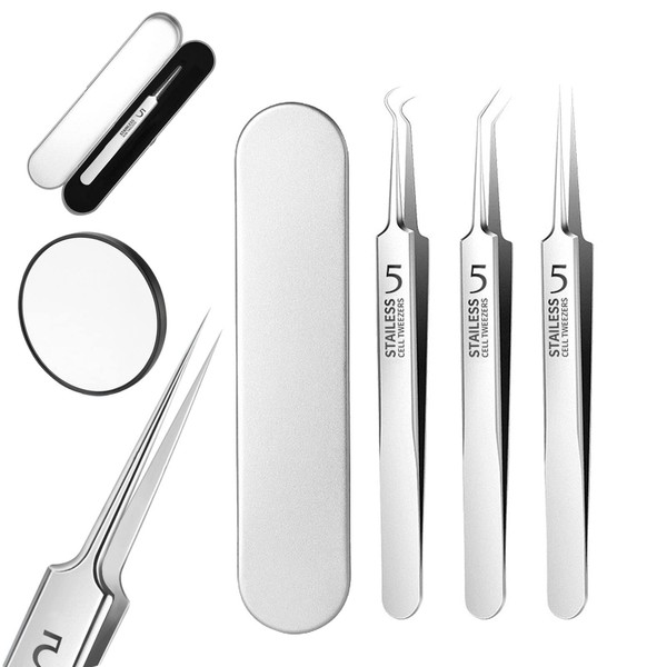 Stainless Steel Comedo Pusher, [Set of 3] Super Pointed Tip ≤0.002 inch (0.06 mm), Square Plug Tweezers, Precision Tweezers, Acne Removal, Germany Imported, Blackhead Removal, Acne Remover, Acne