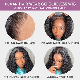 Human Hair Wig water wave Glueless Wigs for Black Women Human Hair Pre Cut Wear and Go Glueless Wig Human Hair 4X4 HD Lace Front Wig 180% Density Deep Curly Wig Human Hair 18 Inch.