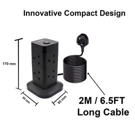 2M Tower Extension Lead with USB Slots, 8 AC Outlets Surge Protected Extension Lead with 4 USB Ports Power Strip Multi Socket Plug Extension Black Extension Cords for Home, Office, Kitchen