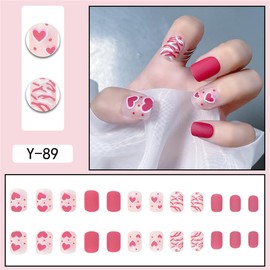 24Pcs Valentines Nails Press on Nails Short Square Nails Red Heart Fake Nails with Nail Glue Red Glossy Acrylic Nails Design Valentines Day Red White Line False Nails Stick on Nails for Women Girls