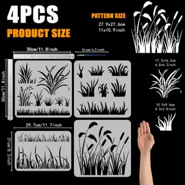 FINGERINSPIRE Set of 4 Painting Stencils with Grass and 1 Plastic Brushes, 4 Styles, Reusable Drawing Template with Reed Grass, Plant Motif, Grass Pattern Stencil for Painting Walls, Wooden Furniture