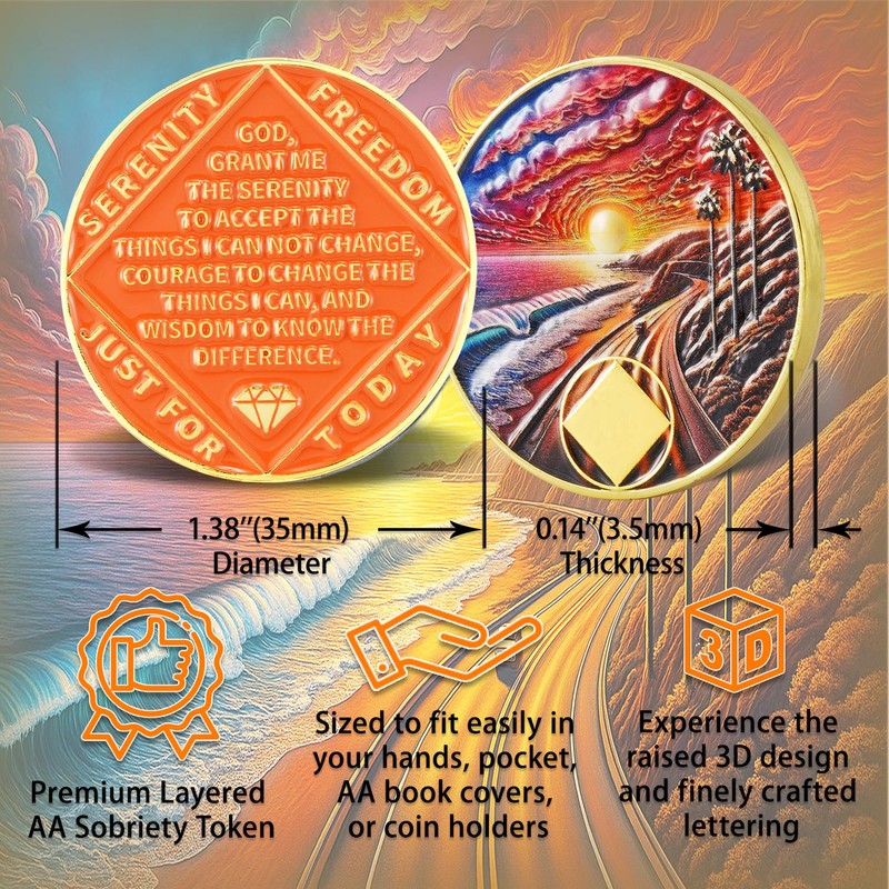 Leafence Sunset Beach Sobriety Coin Commemorative Coin Recovery Addiction NA
