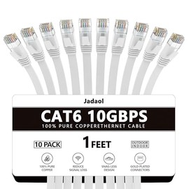 Jadaol - Cable Ethernet Cat 6 de 1 pie, paquete de 6 unidades, para exteriores e interiores, cable LAN plano de alta velocidad de 10 Gbps, compatible 