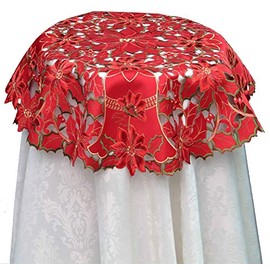 Creative Linens Holiday Christmas Embroidered Tablecloth Poinsettia Bell Table Cloth Topper RED Round or Square (33" Round)