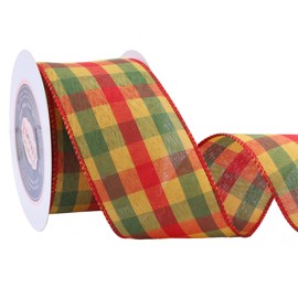 VATIN 2-1/2 Inch x 10 Yard Fall Check Comfort Wired Ribbon - Orange/Red/Green Plaid for Big Bow, Wreath, Gift Wrapping, Tree Decoration