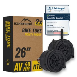 BikePeak 2 x Bicycle Inner Tubes MTB 26 Inch with Black Schrader Valve 40 mm – Tube AV Schrader Valve, ETRTO 40/62-559, 650B – Set of 2 Tubes Monty Fudgy