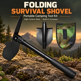 Folding Shovel for Camping and Outdoor Use – Portable Carbon Steel Digging Tool with Compass for Hiking and Car Kits