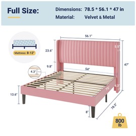 Allewie Full Size Velvet Bed Frame/Vertical Channel Tufted Wingback Headboard/Upholstered Platform Bed/Strong Wooden Slats/No Box Spring Needed/Easy Assembly/Pink